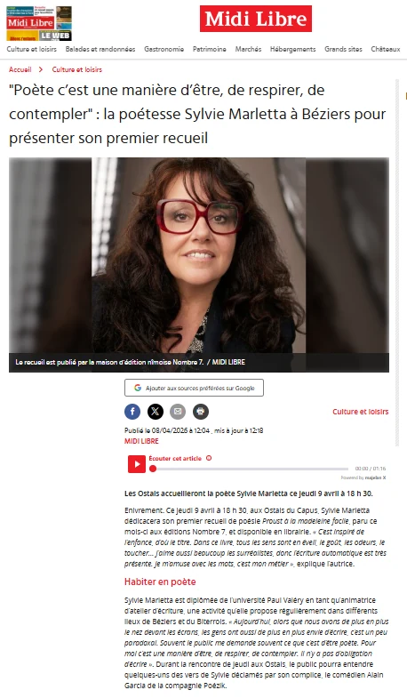 Article de Midi Libre consacré à Sylvie Marletta et à son premier recueil de poésie